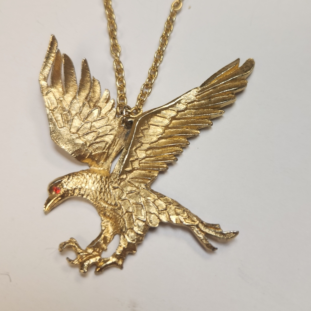 Gold Eagle Pendant Necklace with Red Accent Eye